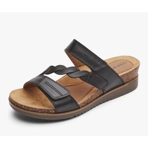 Cobb Hill Black Leather Braided Adjustable Cork Wedge Slide Sandals Womens 9.5